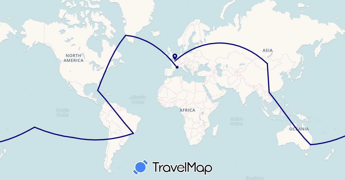 TravelMap itinerary: driving in Australia, Brazil, Chile, Cuba, France, Greenland, Mongolia, French Polynesia, United States, Vietnam (Asia, Europe, North America, Oceania, South America)